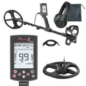 Metal detector with headphones and accessories on a white background