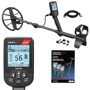 Nokta Simplex Ultra Waterproof Metal Detector with 11-inch DD Coil, including the detector console, earphones, a user manual, and other accessories.