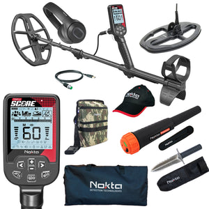 An image showcasing the Nokta Triple Score PRO PACK Metal Detector along with various accessories including a waterproof pinpointer, a premium digger with belt holster, an embroidered hat, and a universal carry bag.