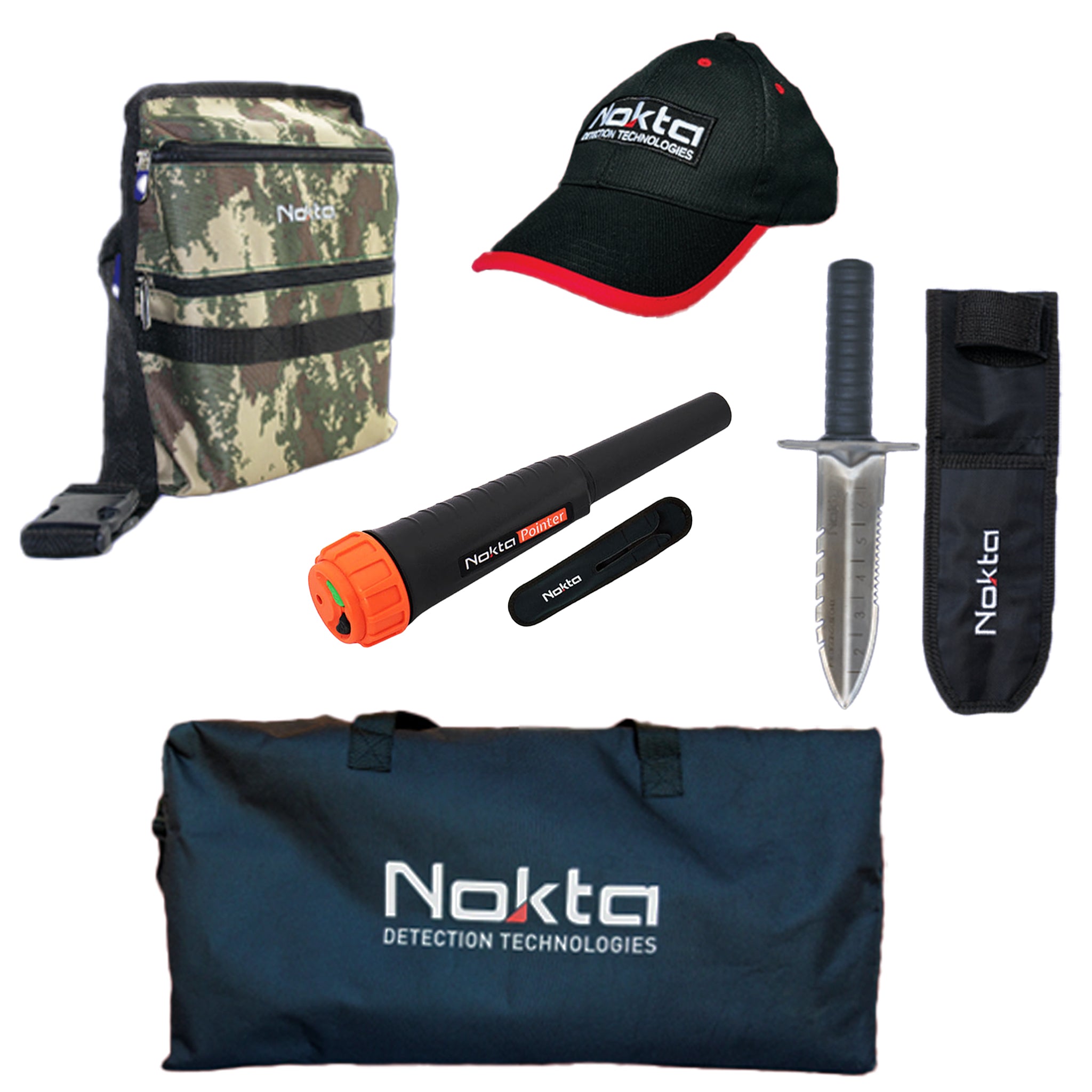 The various accessories including a waterproof pinpointer, a premium digger with belt holster, an embroidered hat, and a universal carry bag.