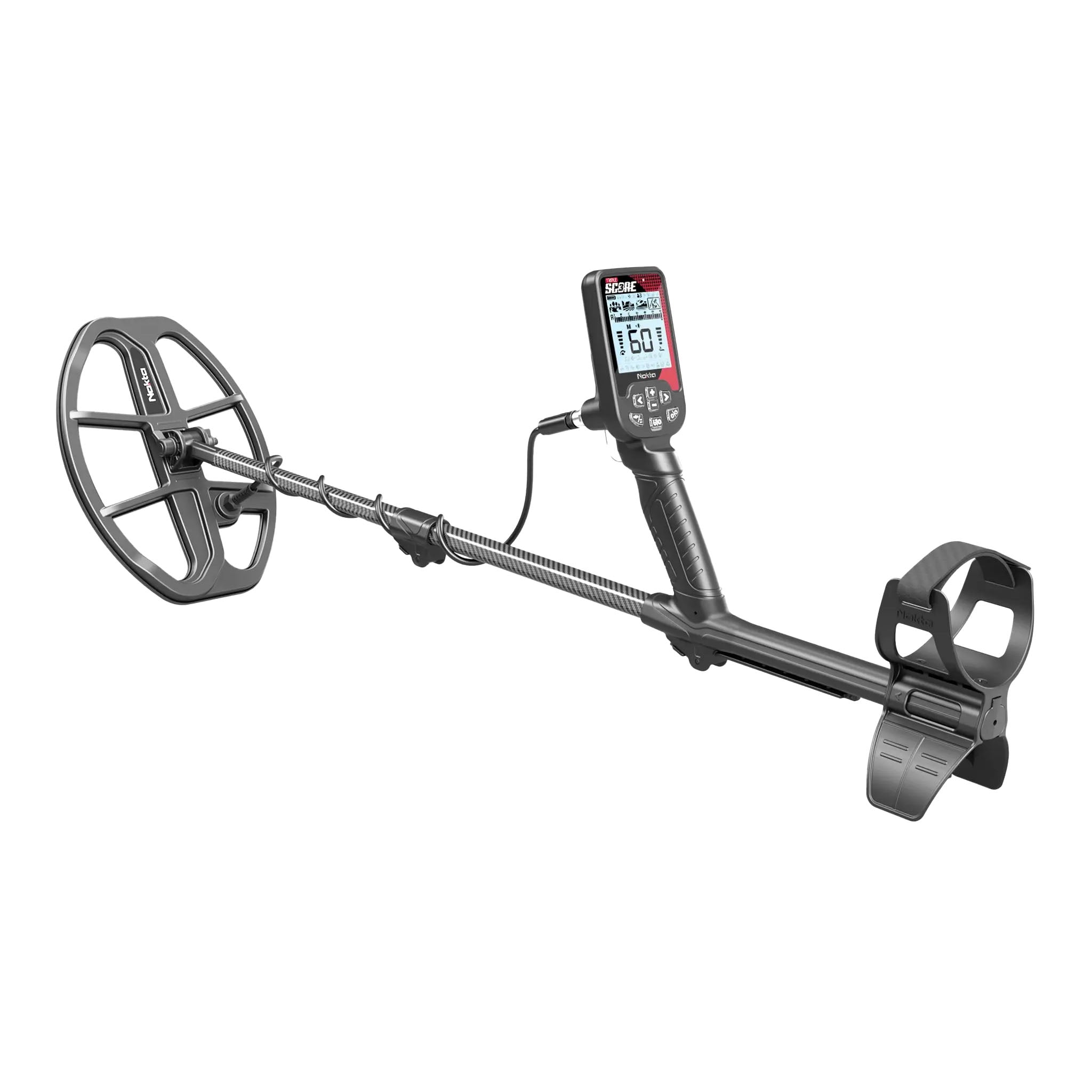An image showcasing the Nokta Triple Score PRO PACK Metal Detector on an angle view on. a white background
