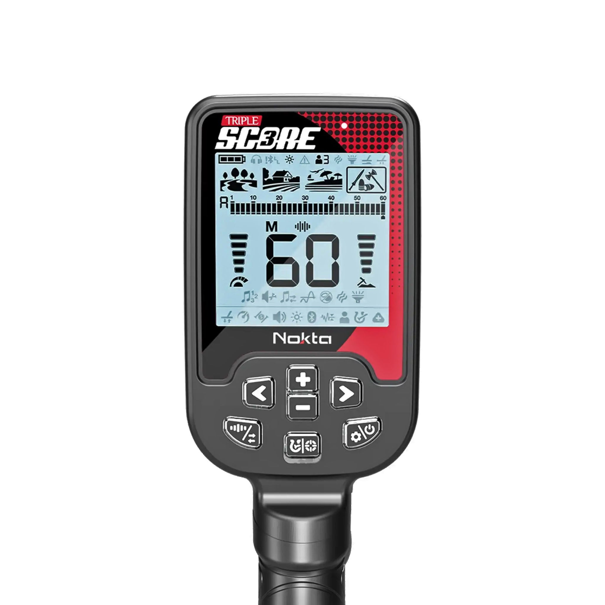 An image showcasing the Nokta Triple Score PRO PACK Metal Detector's digital screen close up on a white background
