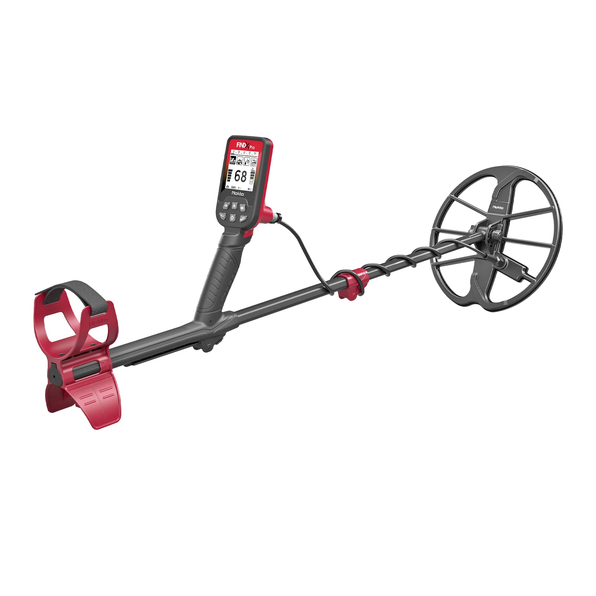 Nokta Find X metal Detector red and black at 3/4 view angle