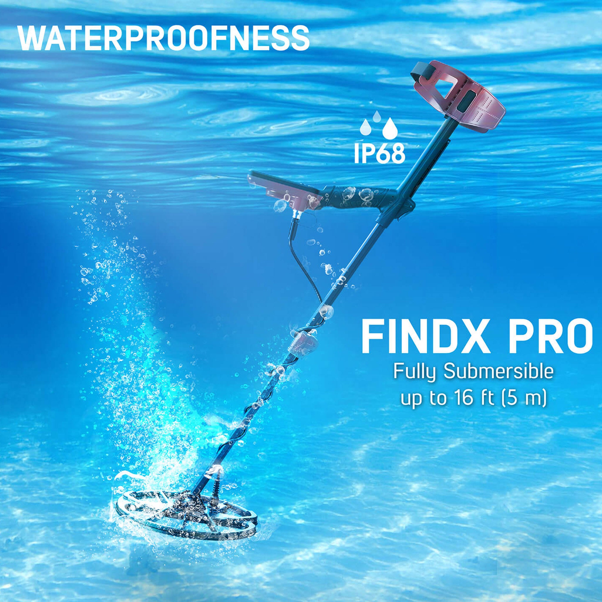 Image of the Nokta FINDX Pro metal detector underwater with text about its iP68 waterproofness. It can be submersed up to 16 ft