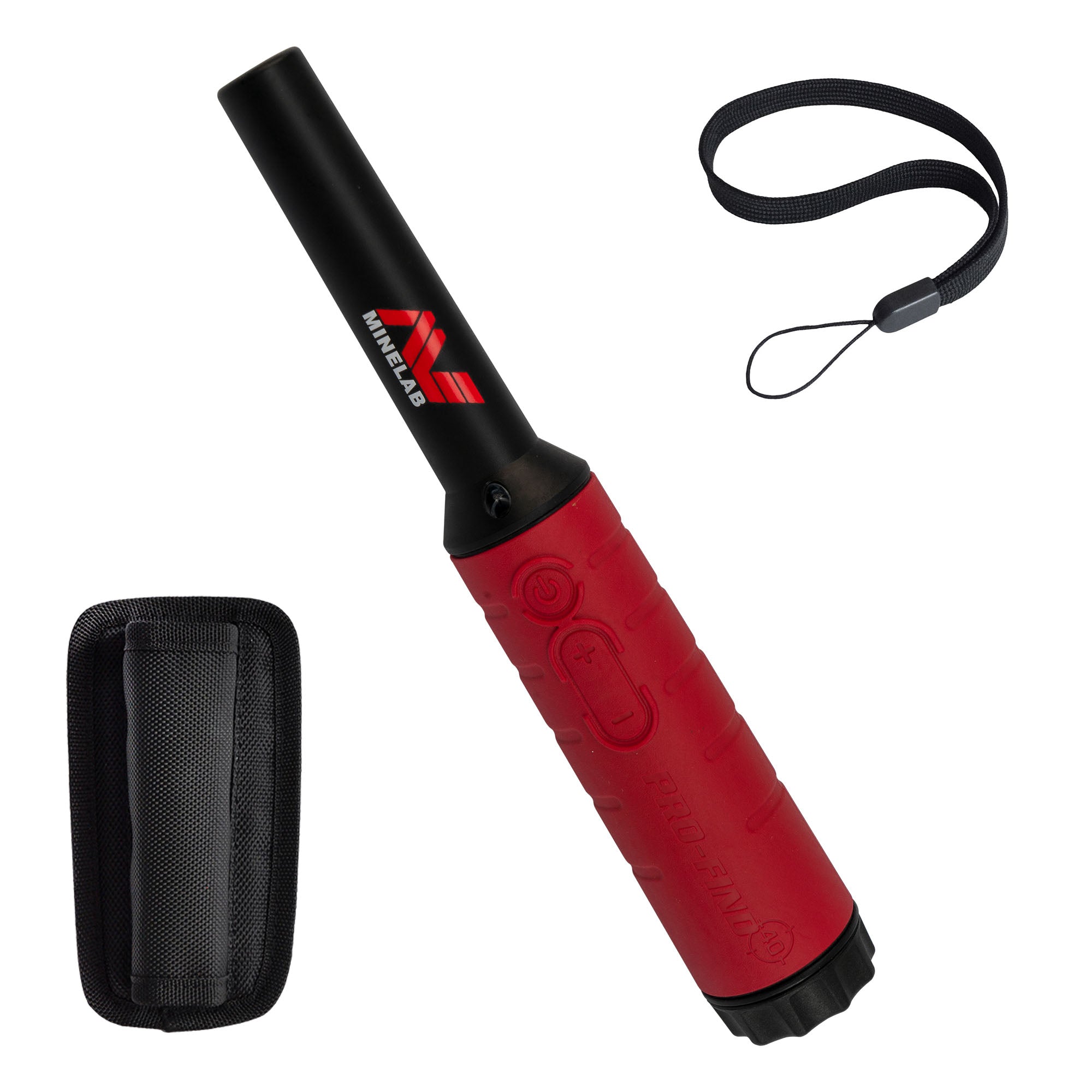 a Red and black Pro-Find 40 Pinpointer with holster and lanyard on a white background.
