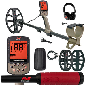 An image showcasing the Minelab X-TERRA ELITE Expedition Pack, including the metal detector itself with a large LCD screen, a Pro-Find 40 Pinpointer, wireless headphones, and additional coils.