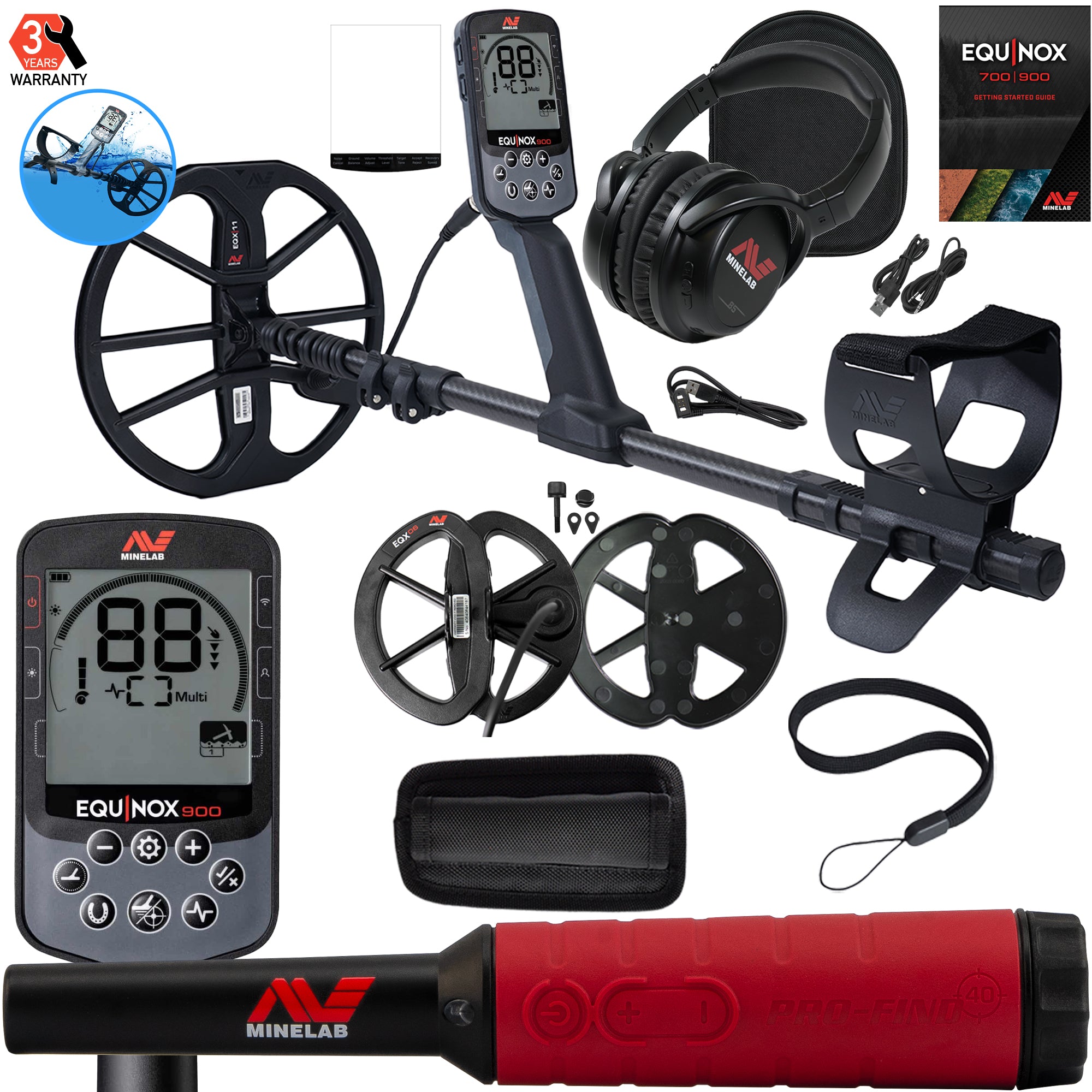 Minelab EQUINOX 900 Multi-IQ Metal Detector with 11" and 6" Coils and Pro-Find 40