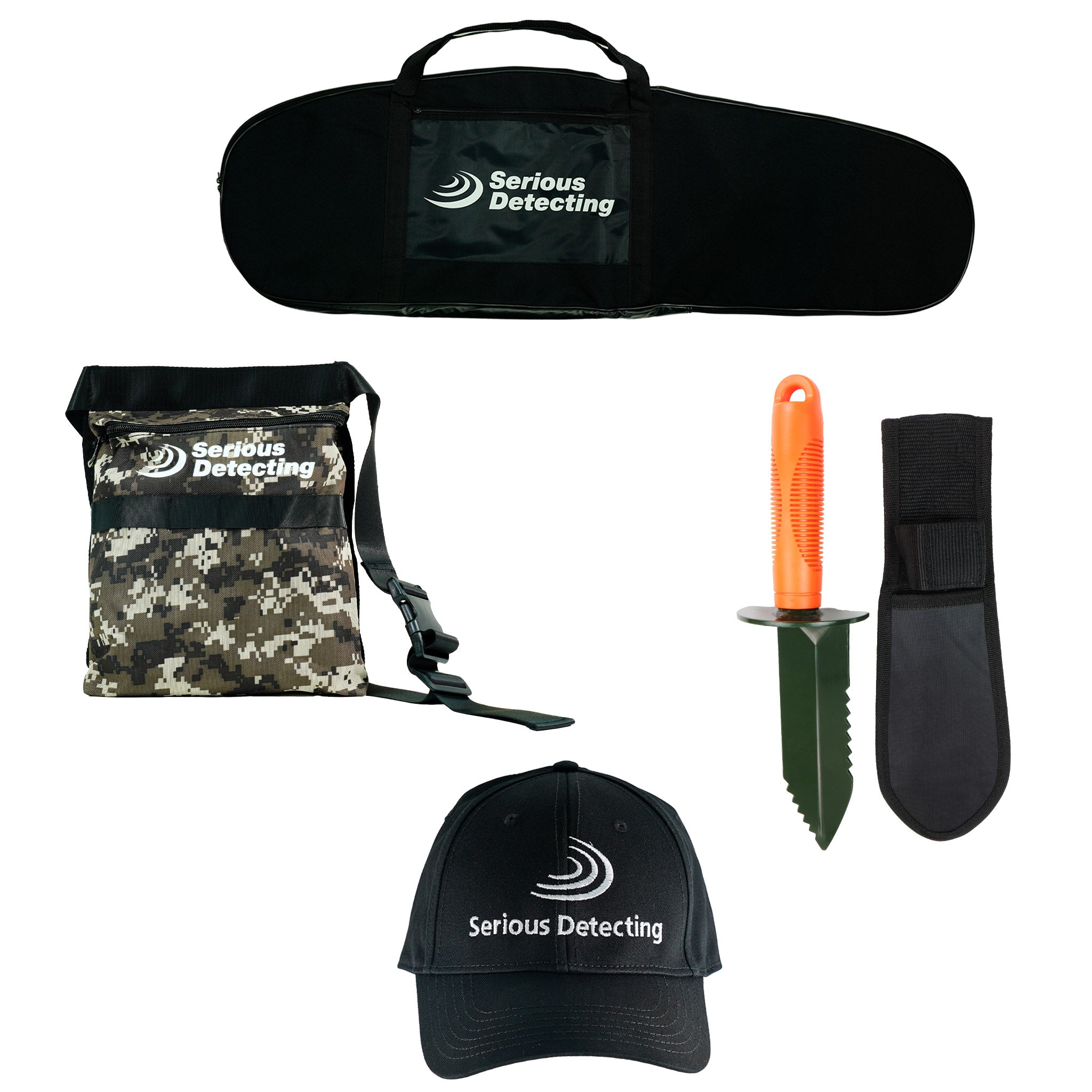 Serious Detecting Kit: Pouch, Carrybag, Cap, and Digger for Treasure Hunting