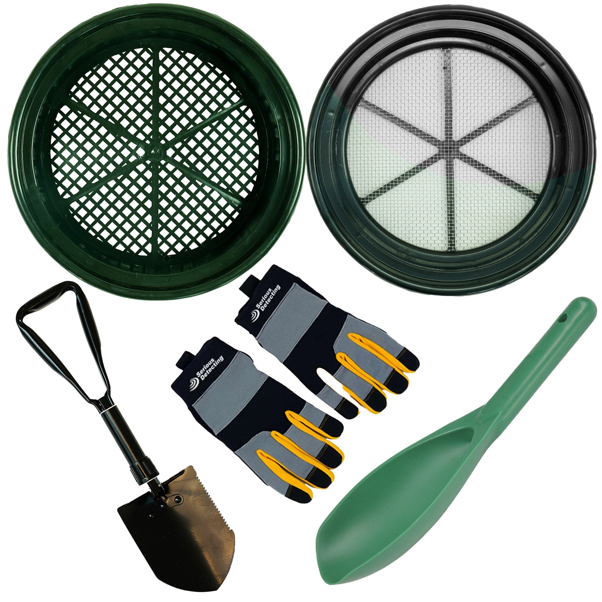 TerraX Field Prospecting Set – 2 Heavy-Duty Classifier, Premium Tri-Fold Serrated Shovel, Green Prospecting Scoop, and Serious Detecting Gloves
