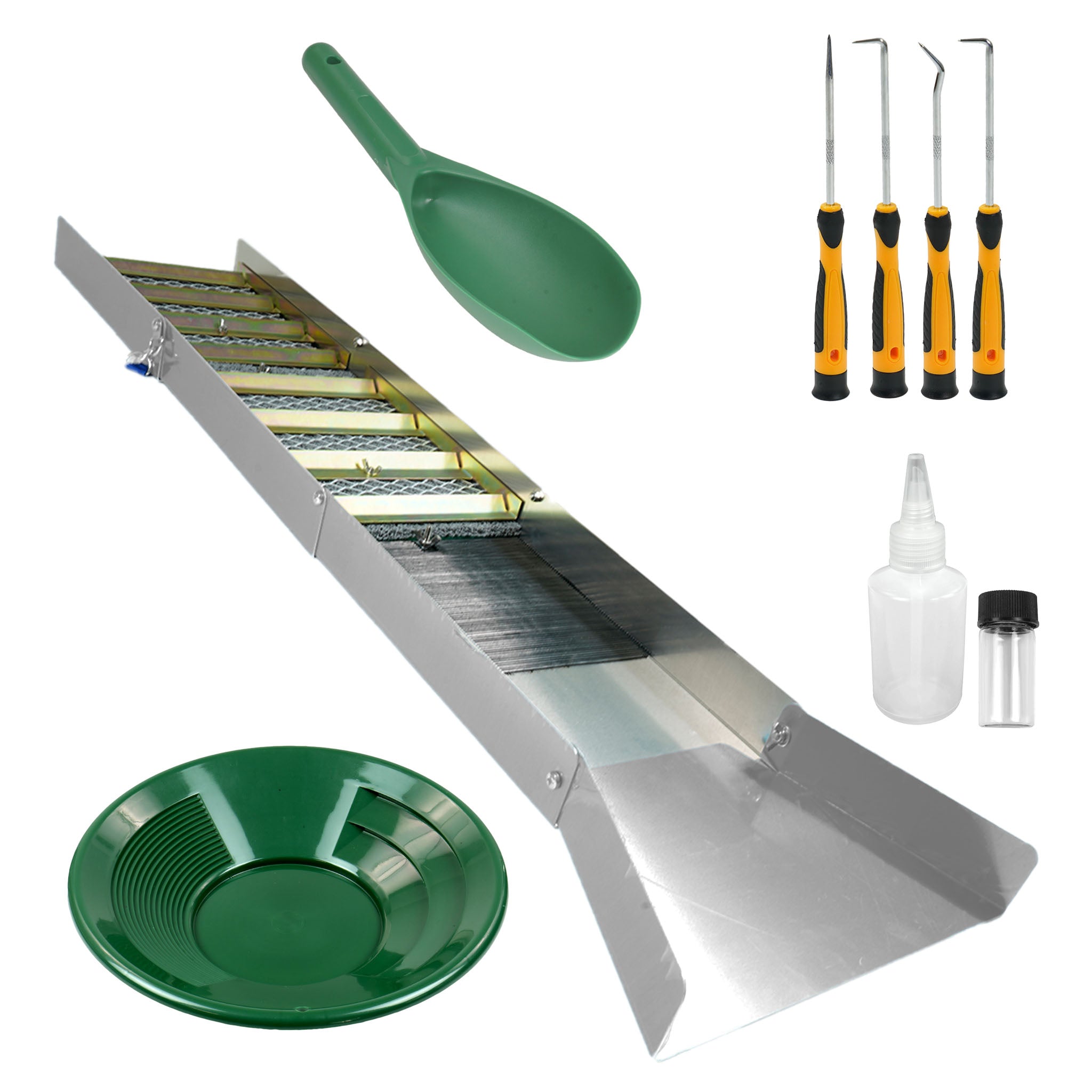 TerraX Sluice Box Gold Prospecting Kit - Sluice Box, Pan, Vial, Snifter, Trowel, and Hooks