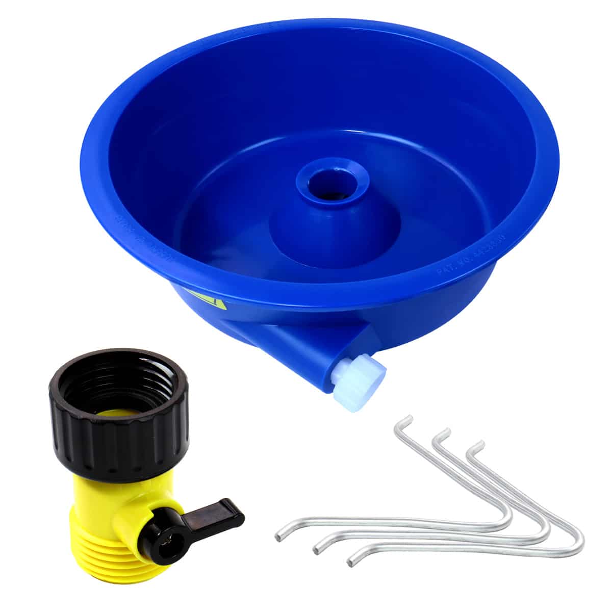 blue bowl with wire legs and control valve in yellow