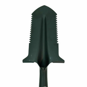 double serrated, black shovel close up showing the aw tooth serration. Backside
