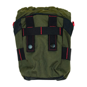 A green and black XP Metal Detectors Finds Pouch with red straps facing the rear