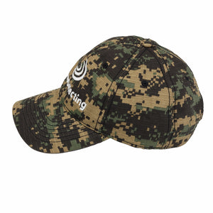 A camouflage baseball cap with the embroidered Serious Detecting logo on the front on the side and slightly above