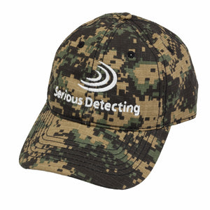A camouflage baseball cap with embroidered logo