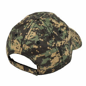 A camouflage baseball cap with the back showing