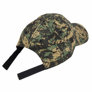 A camouflage baseball cap with the back straps open to show velcro.