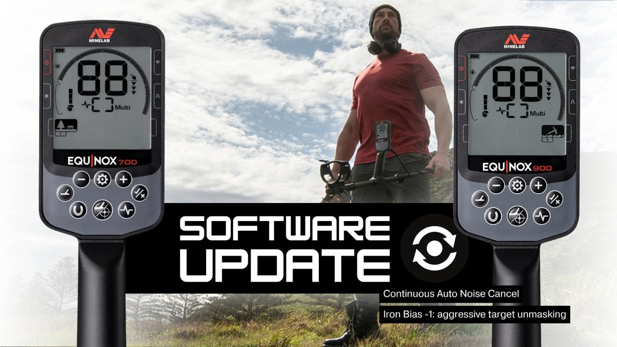 Minelab Equinox 700 and 900 software update graphic highlighting new features like Continuous Auto Noise Cancel and Iron Bias -1.