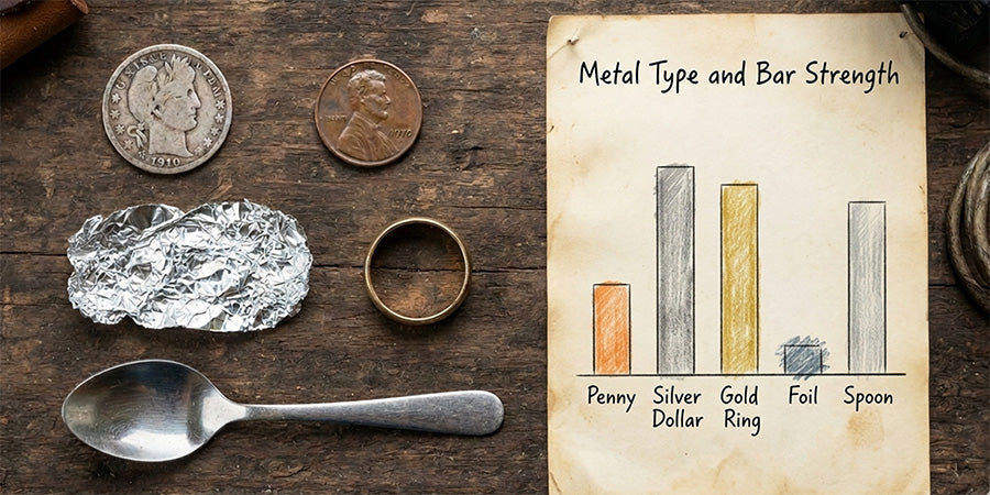 A flat-lay of common metals (silver coin, copper penny, aluminum foil, gold ring, stainless spoon) with signal-strength bars for each. Also set this photo as the article's featured image.