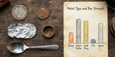 A flat-lay of common metals (silver coin, copper penny, aluminum foil, gold ring, stainless spoon) with signal-strength bars for each. Also set this photo as the article's featured image.