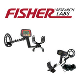Fisher metal detectors and search coils displayed showing F22, F44, F75 and Gold Bug models