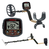 Fisher f19 metal detector set shown with multiple views and accessories on a plain white background, including the main detector head with antenna, a close-up of the display face, a mounting stand, and a separate antenna piece.