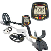 An Fisher F70 metal detector set shown on a white background, including the main detector with a large looped coil, handheld unit, and a close-up inset of the digital display screen.