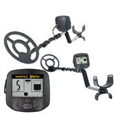 Tektronics Alpha metal detector shown with two views of the control unit and two different positions of the wire coil and clip, on a plain white background.