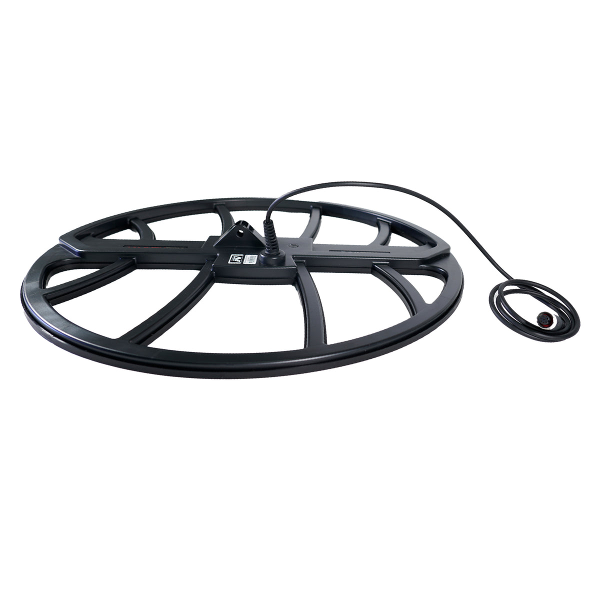 A side view of the The 18″ MYTHTEK Search Coil shown on a white background