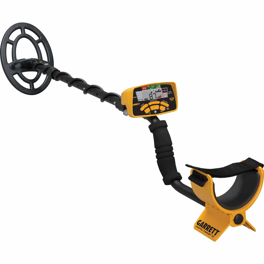 Garrett ACE 300 digital LCD display showing target ID 0-99 scale and control buttons