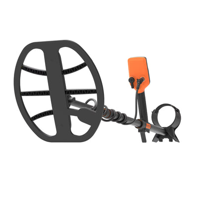 A metal detector with a large black oval coil, a black wand, and an orange handheld control module, shown on a plain white background.