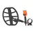 A metal detector with a large black oval coil, a black wand, and an orange handheld control module, shown on a plain white background.