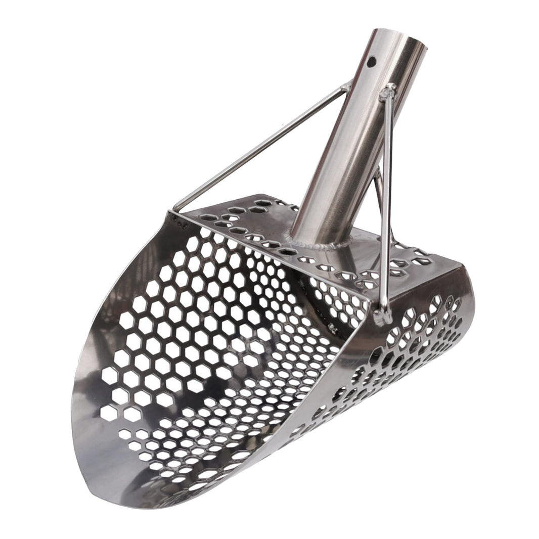 CooB 9 inch by 6.25 inch stainless steel sand scoop with mixed hexagon hole pattern for beach metal detecting
