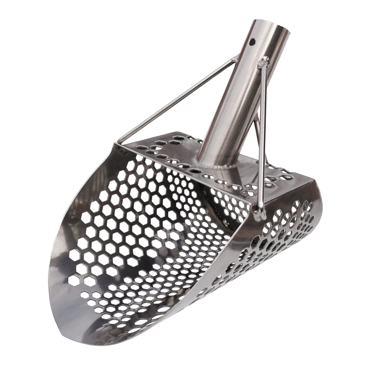 CooB 9 inch by 6.25 inch stainless steel sand scoop with mixed hexagon hole pattern for beach metal detecting