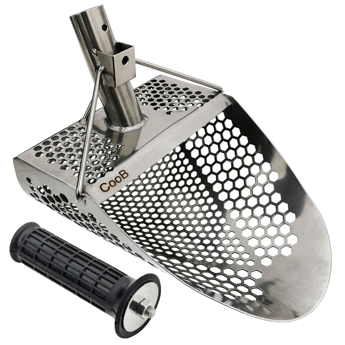 The CooB 11.5 inch by 8 inch stainless steel sand scoop with mixed hexagon holes and front handle for beach metal detecting.