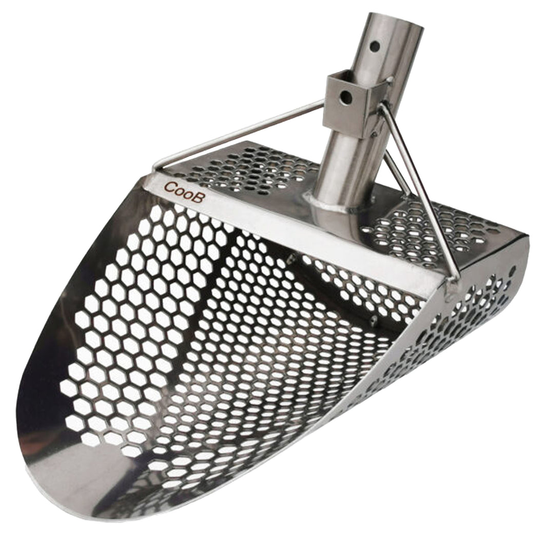 Side view of the CooB 11.5 inch by 8 inch stainless steel sand scoop shows the 7 millimeter and and 10 millimeter hexagon holes.
