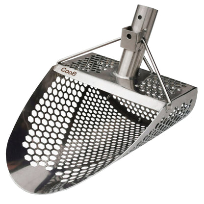 Side view of the CooB 11.5 inch by 8 inch stainless steel sand scoop shows the 7 millimeter and and 10 millimeter hexagon holes.