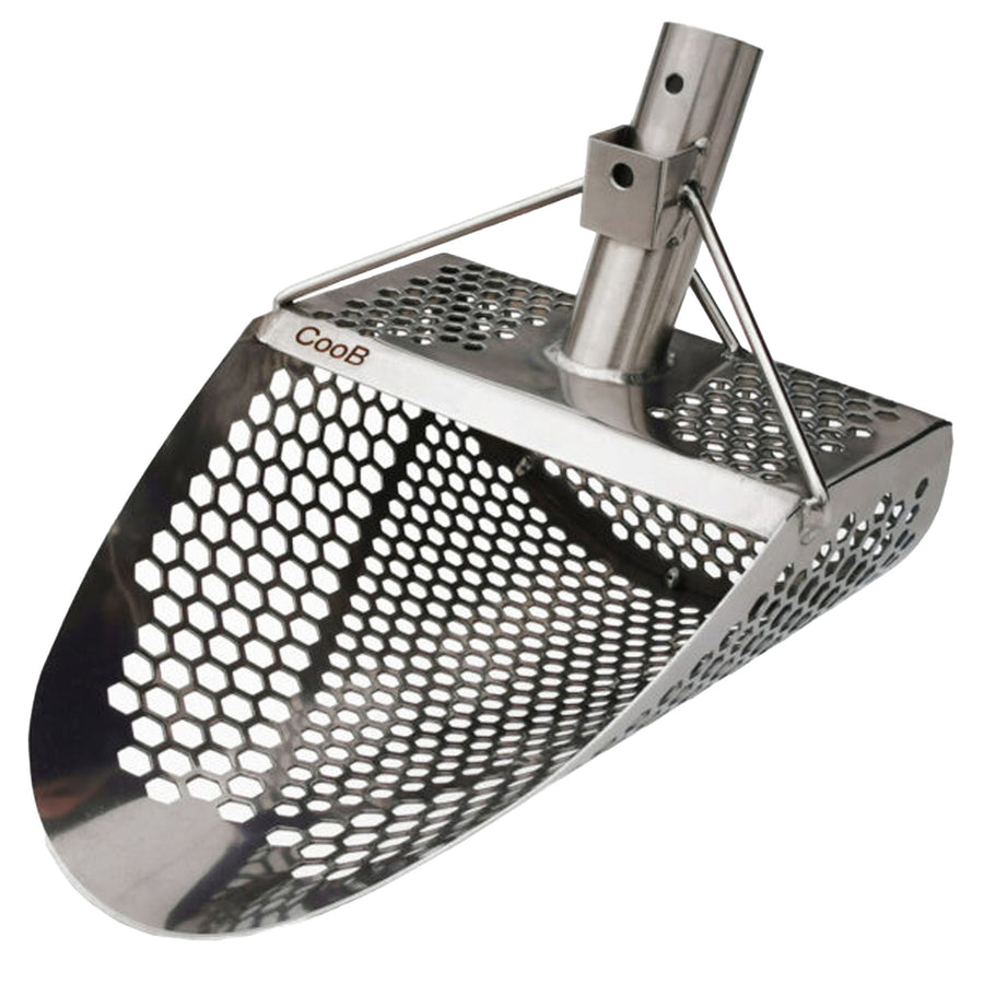 Side view of the CooB 11.5 inch by 8 inch stainless steel sand scoop shows the 7 millimeter and and 10 millimeter hexagon holes.