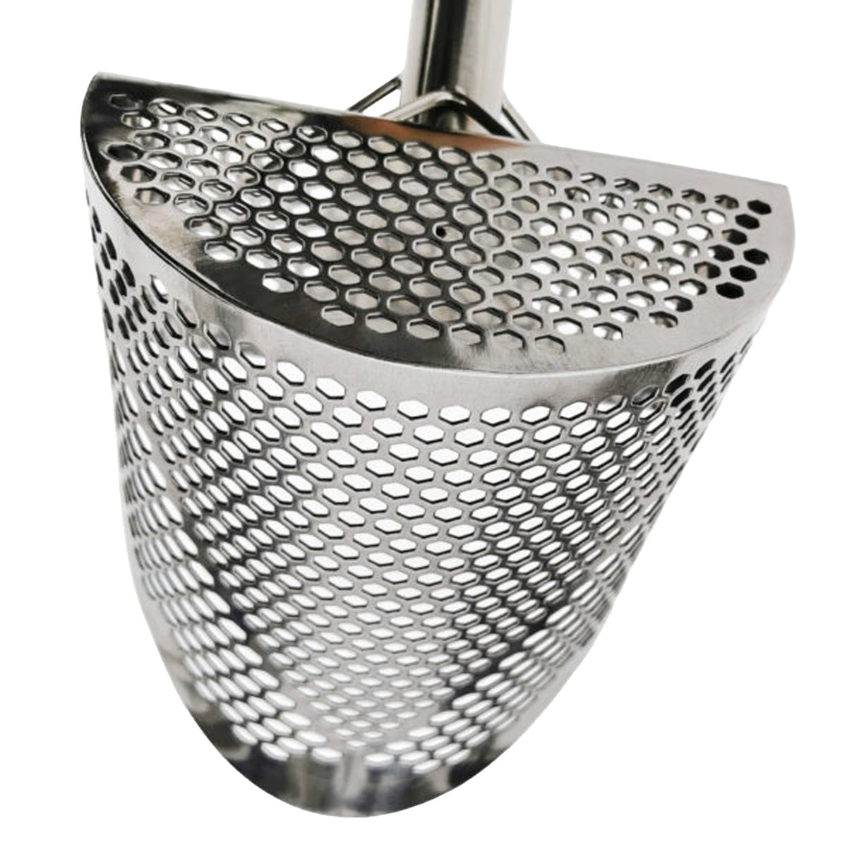 Rear view of the CooB 11.5 inch by 8 inch stainless steel sand scoop shows the 7 millimeter and and 10 millimeter hexagon holes.