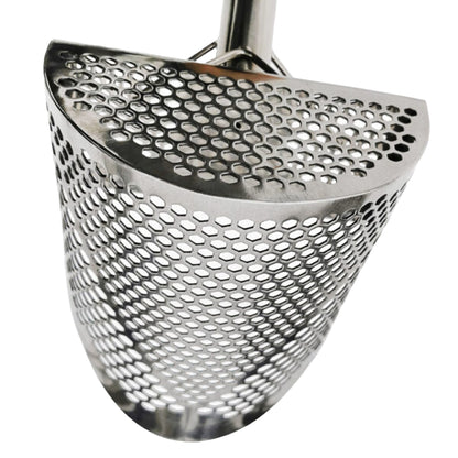 Rear view of the CooB 11.5 inch by 8 inch stainless steel sand scoop shows the 7 millimeter and and 10 millimeter hexagon holes.