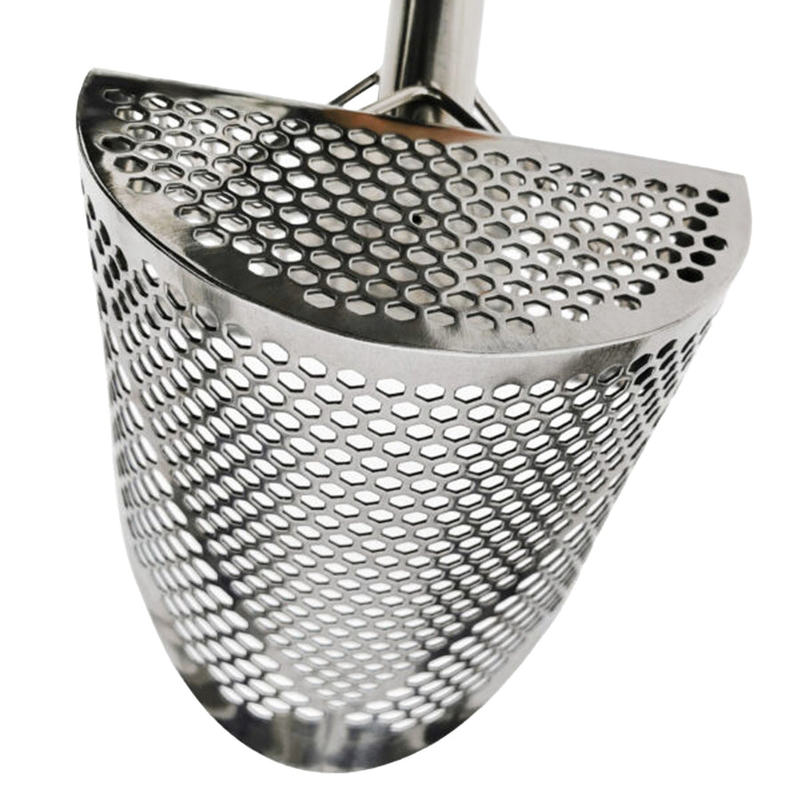 Rear view of the CooB 11.5 inch by 8 inch stainless steel sand scoop shows the 7 millimeter and and 10 millimeter hexagon holes.