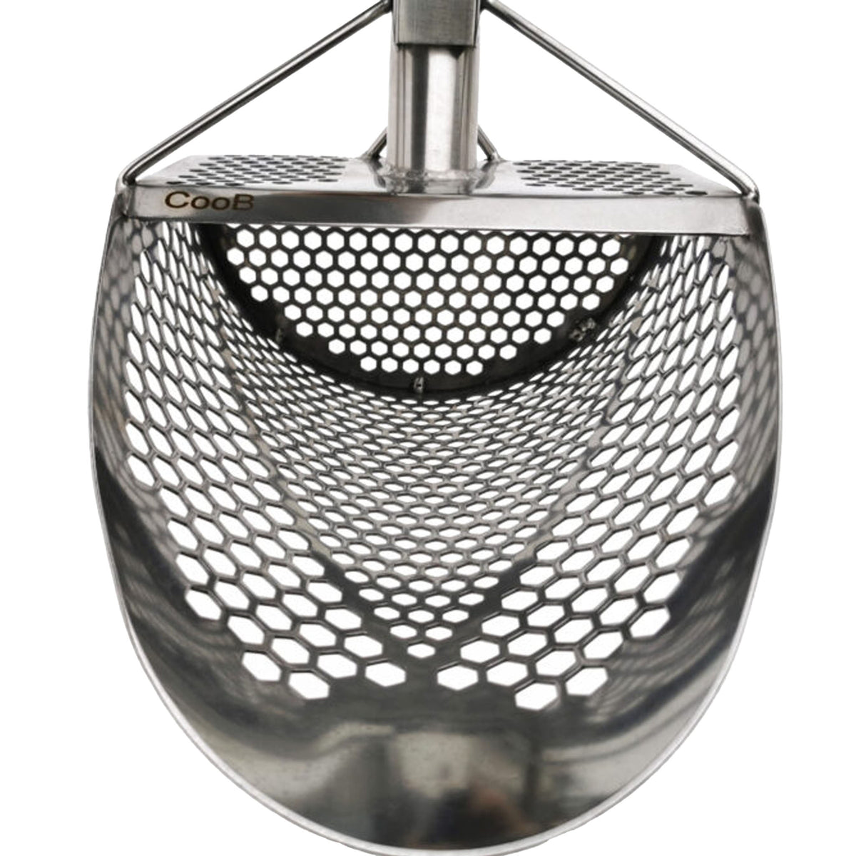 Front view of the CooB 11.5 inch by 8 inch stainless steel sand scoop shows the 7 millimeter and and 10 millimeter hexagon holes.