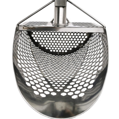 Front view of the CooB 11.5 inch by 8 inch stainless steel sand scoop shows the 7 millimeter and and 10 millimeter hexagon holes.