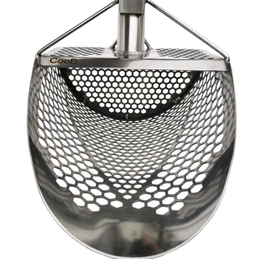 Front view of the CooB 11.5 inch by 8 inch stainless steel sand scoop shows the 7 millimeter and and 10 millimeter hexagon holes.