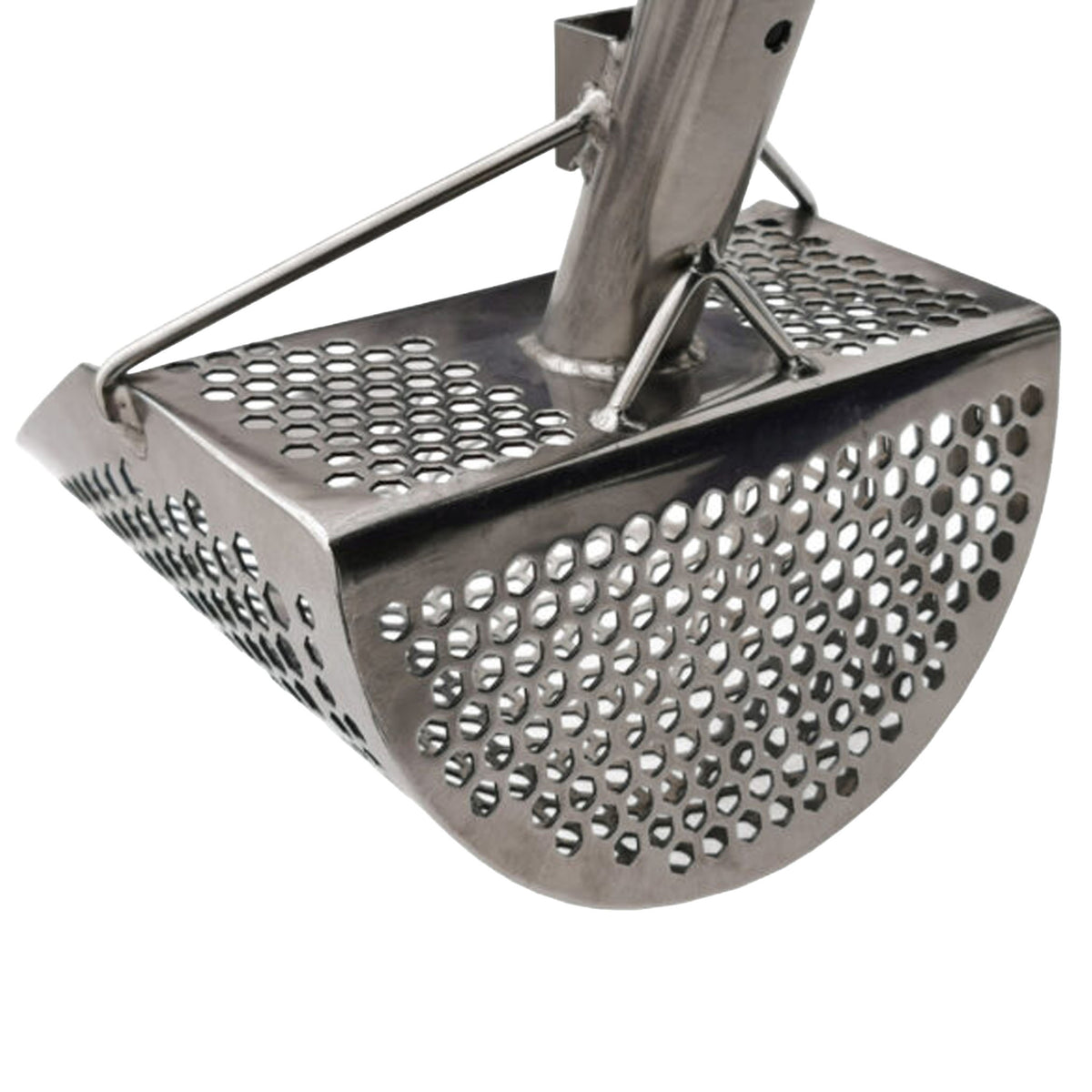 Alternate rear view of the CooB 11.5 inch by 8 inch stainless steel sand scoop shows the 7 millimeter and and 10 millimeter hexagon holes.