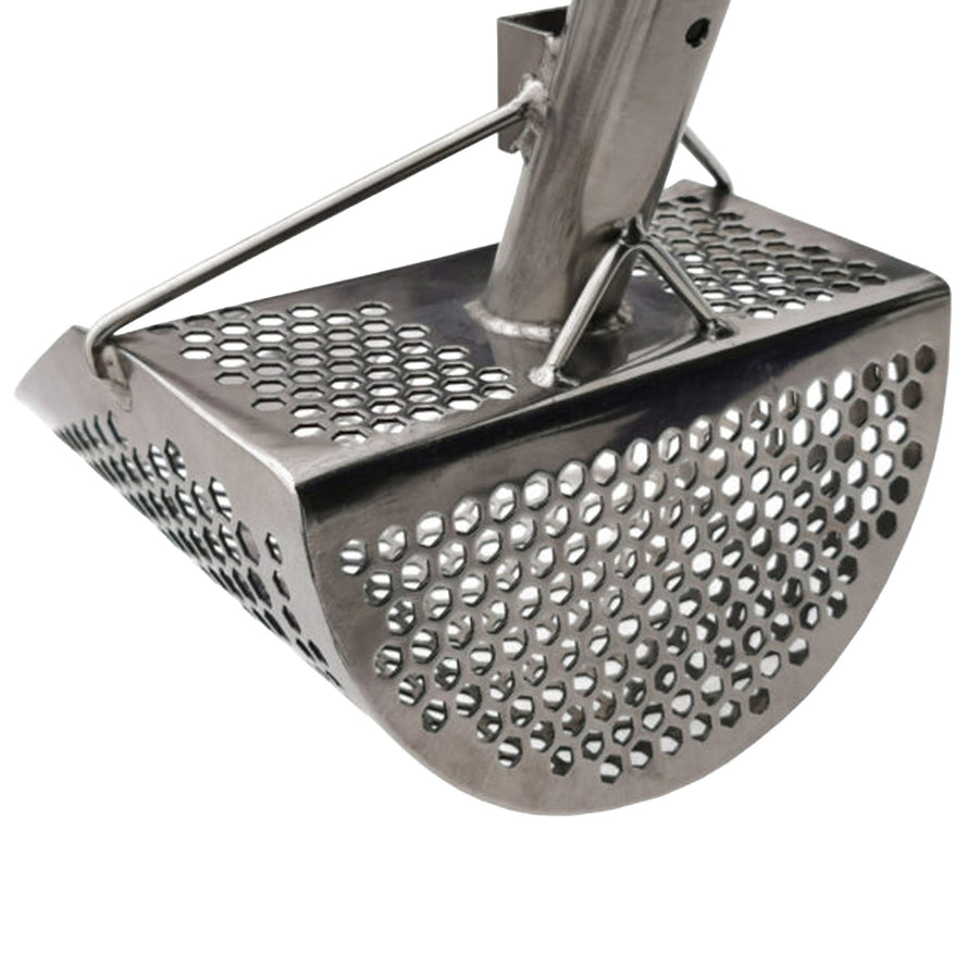 Alternate rear view of the CooB 11.5 inch by 8 inch stainless steel sand scoop shows the 7 millimeter and and 10 millimeter hexagon holes.
