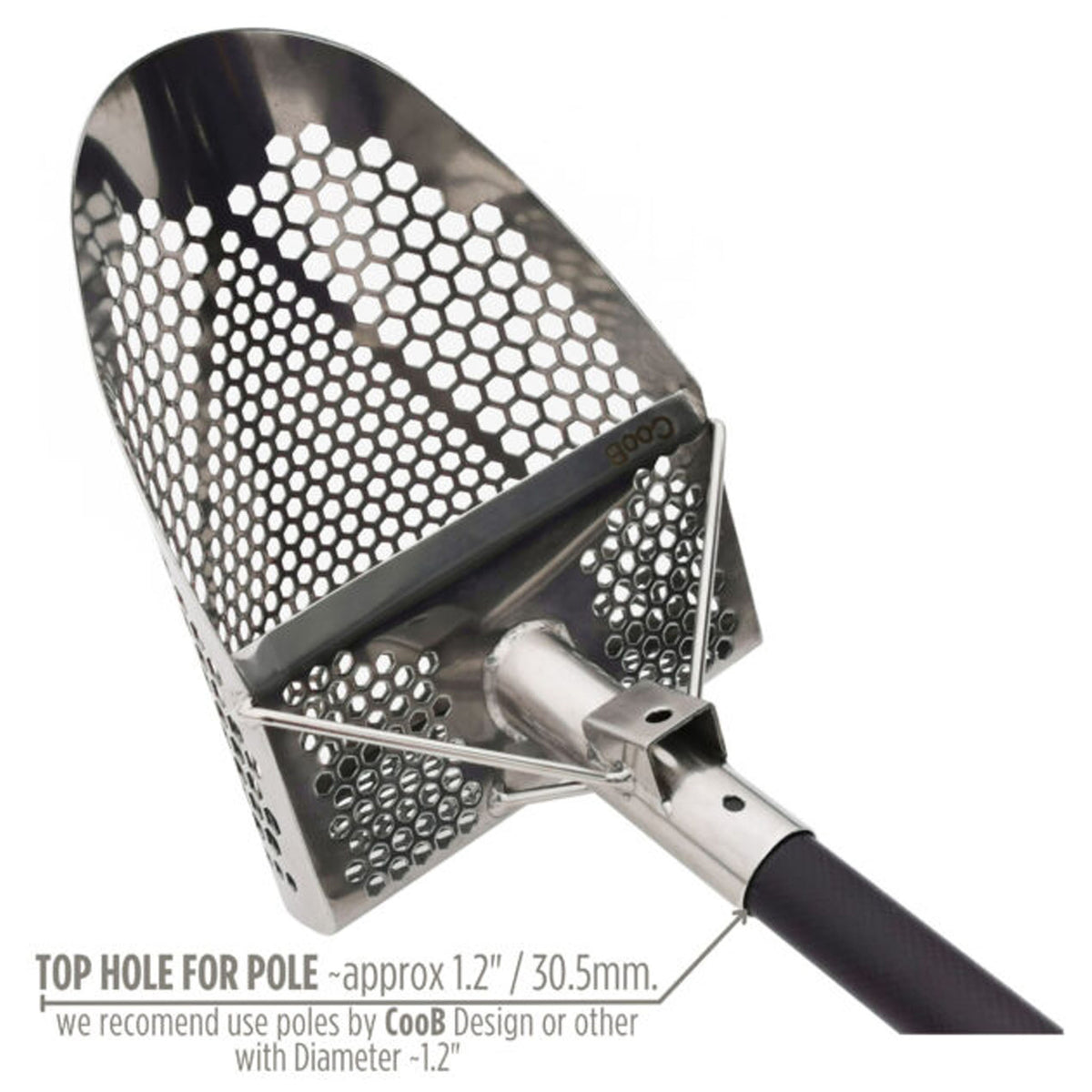Marketing photo with text shows the CooB 11.5 inch by 8 inch stainless steel sand scoop with recommendations for a pole. 