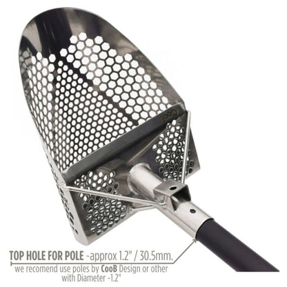 Marketing photo with text shows the CooB 11.5 inch by 8 inch stainless steel sand scoop with recommendations for a pole. 