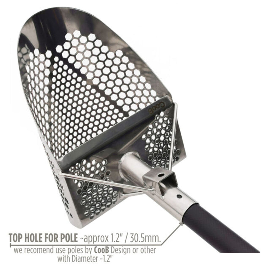 Marketing photo with text shows the CooB 11.5 inch by 8 inch stainless steel sand scoop with recommendations for a pole. 