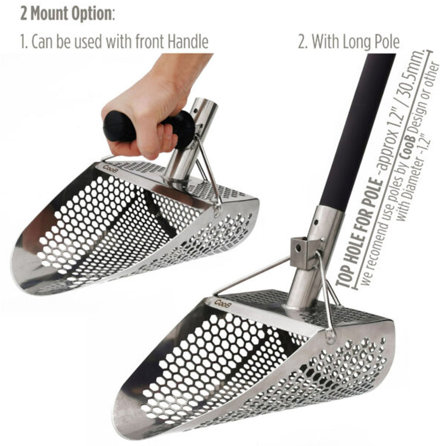 Marketing graphic shows the two ways to use the CooB 11.5 inch by 8 inch stainless steel sand scoop, with the front handle or attached to a pole.  